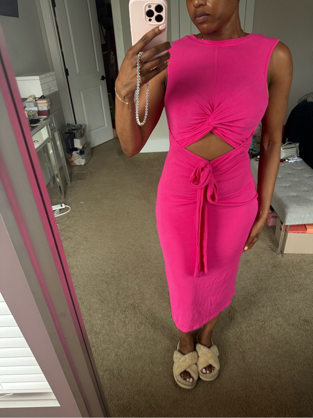 Pink bodycon knot cutout midi dress